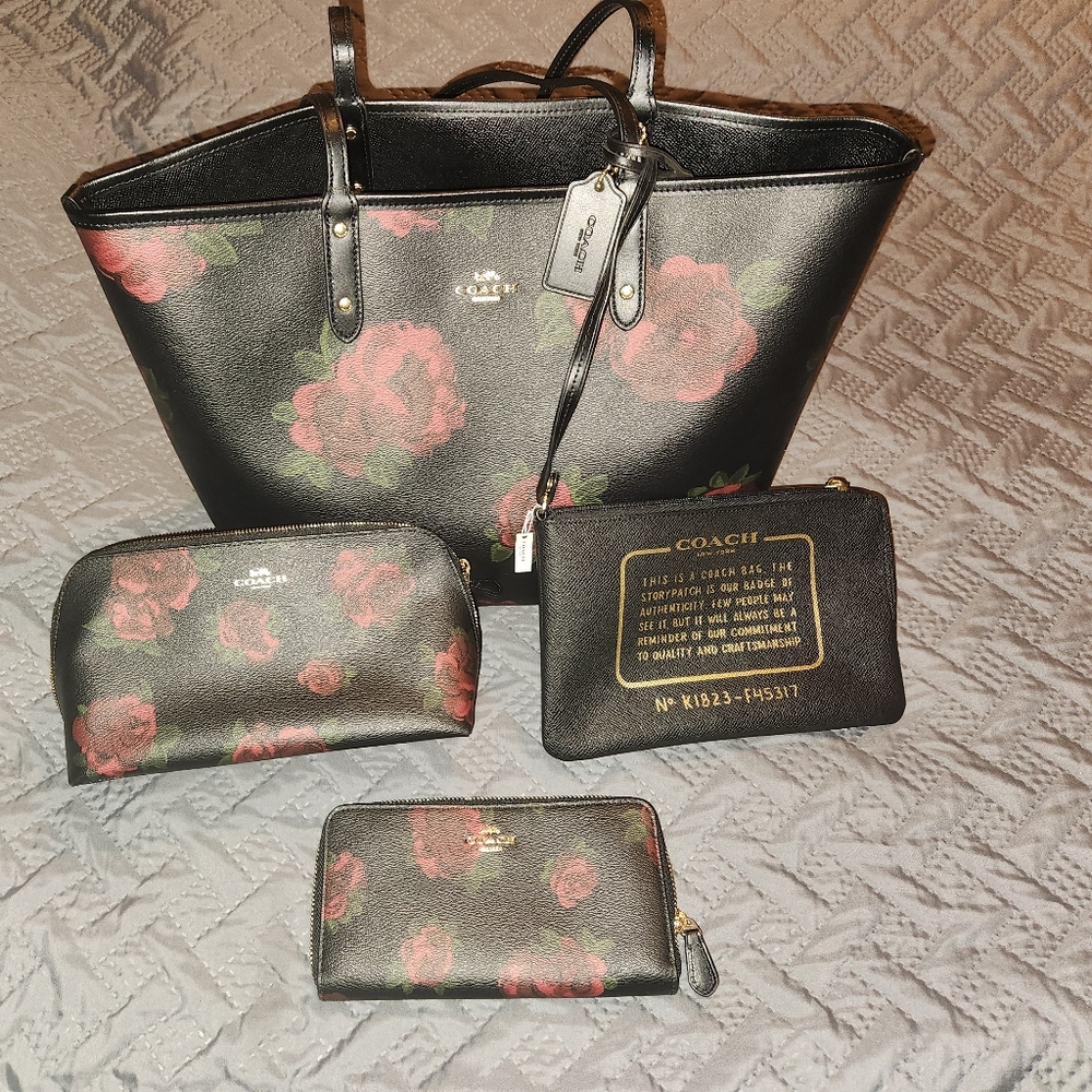 Coach reversible tote with matching makeup bag and wallet